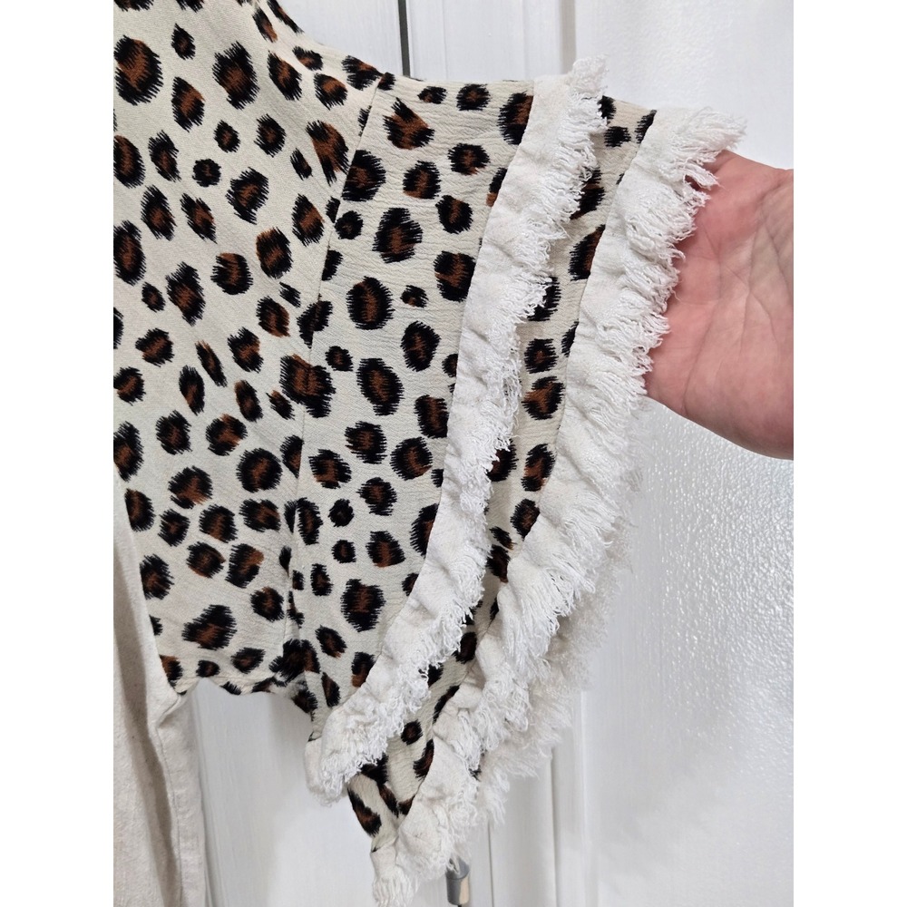 Umgee Leopard Print Ruffle Sleeve Linen Blend Tunic Top Oatmeal Large - Picture 4 of 6